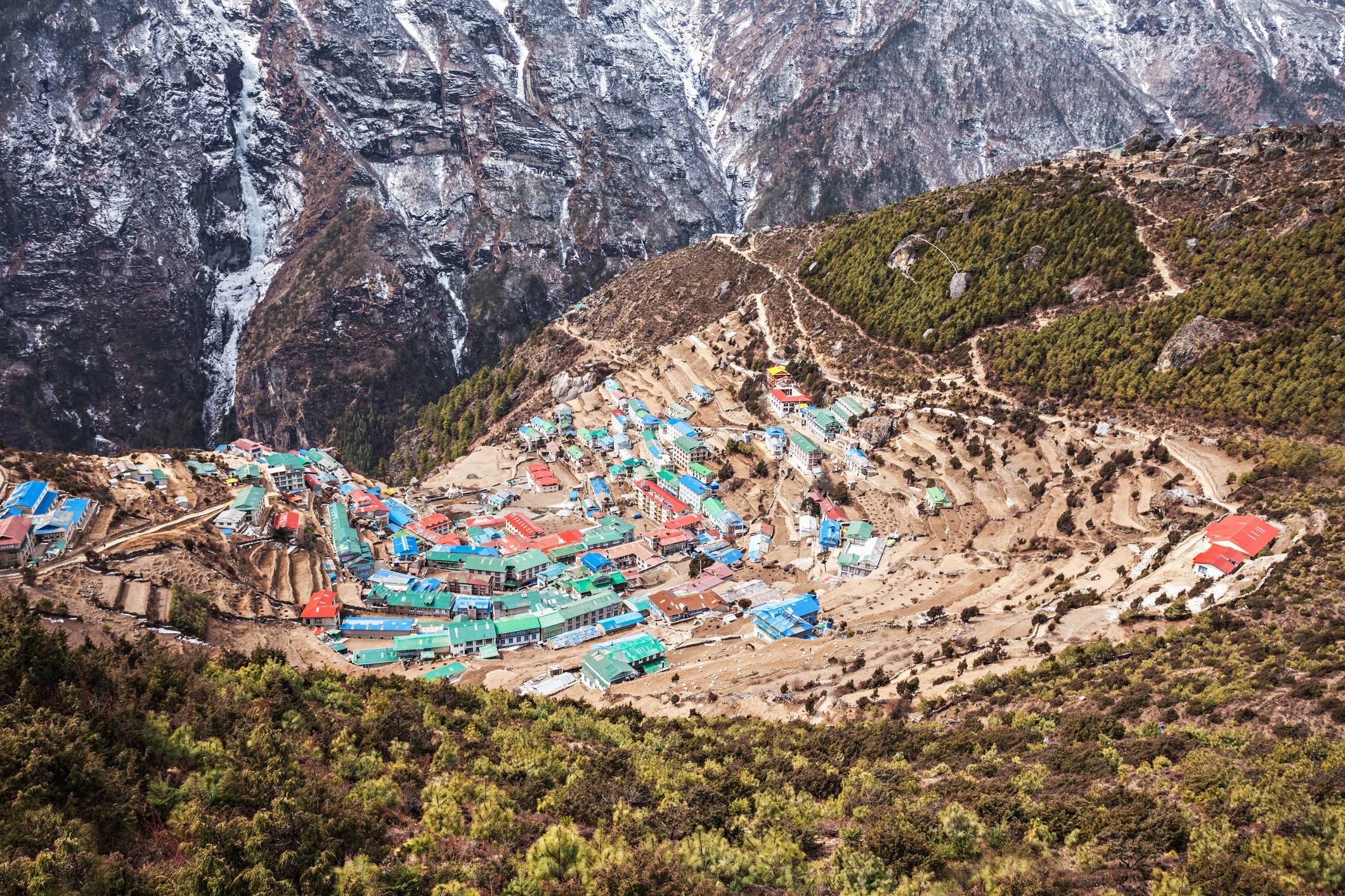 Namche Bazaar aerial view, Everest trek, Himalaya, Nepal daytime