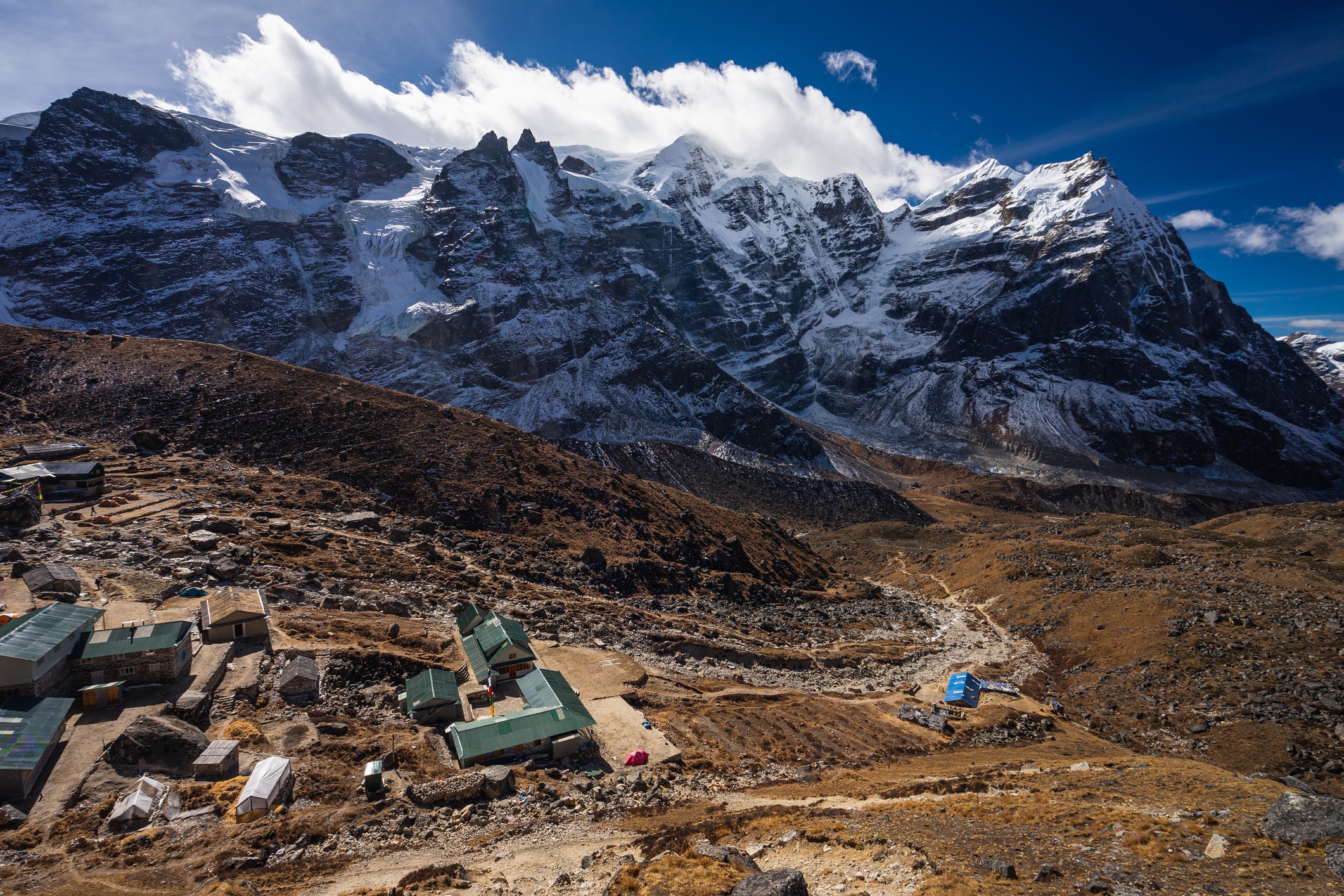 Top view of Khare village with Mera peak in background, Himalaya mountains range in Nepal, Asia