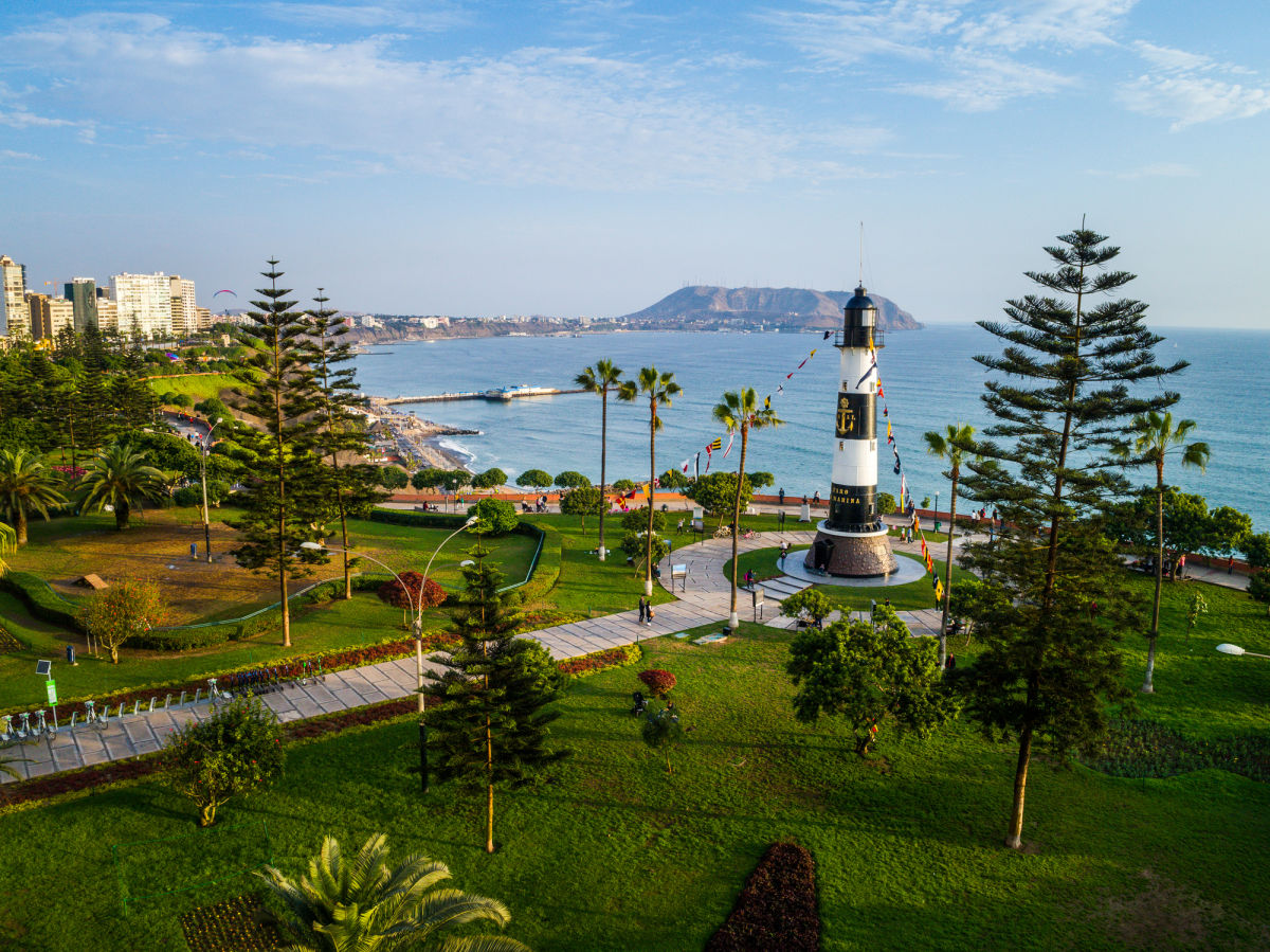 Lima Malecon Walkway view of lighthouse and park, Peru