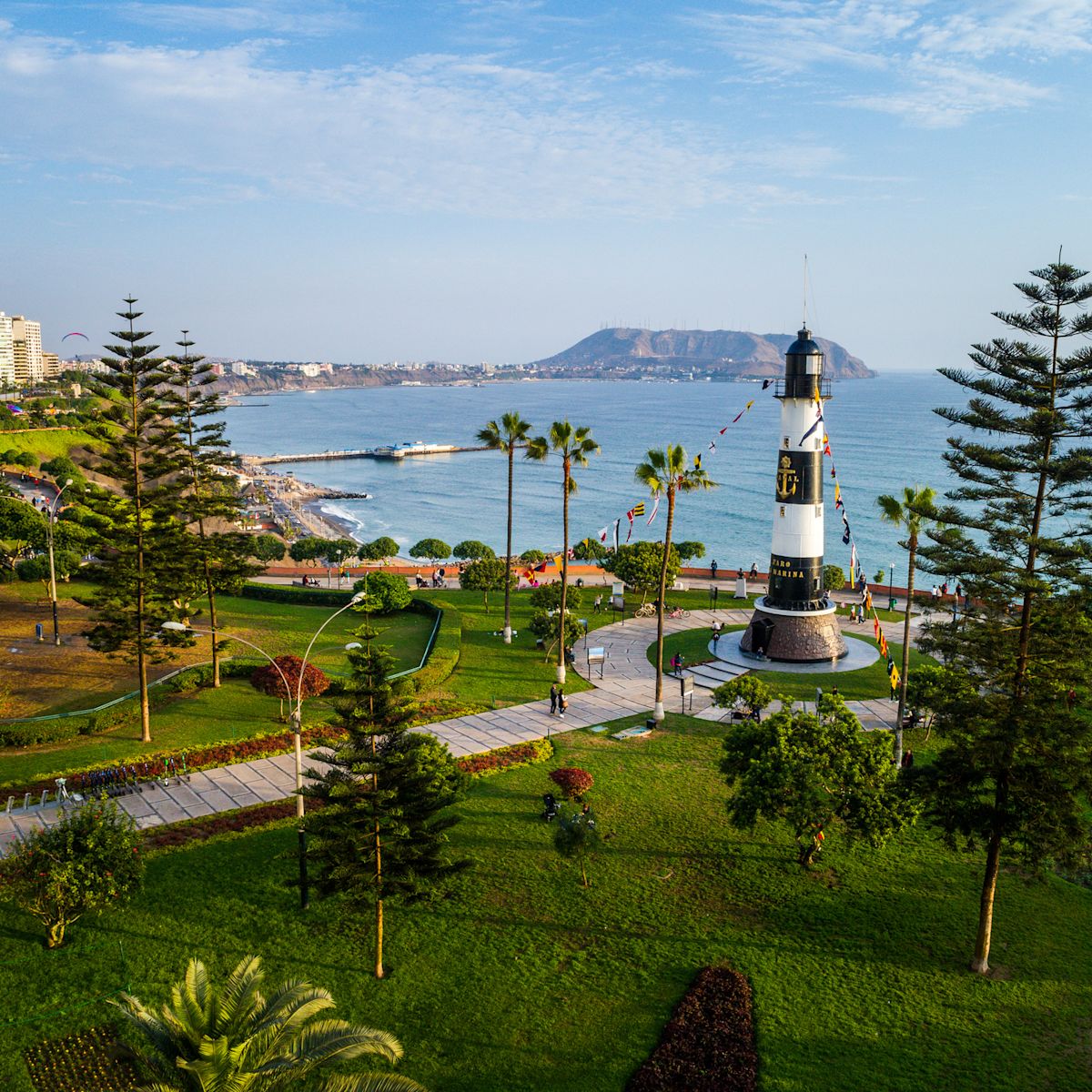 Lima Malecon Walkway view of lighthouse and park, Peru