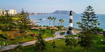 Lima Malecon Walkway view of lighthouse and park, Peru