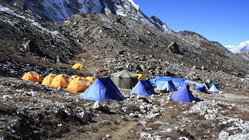 Tents in Island peak base camp Khumjung Nepal. Climbers tent in Island peak base camp Khumjung Nepal