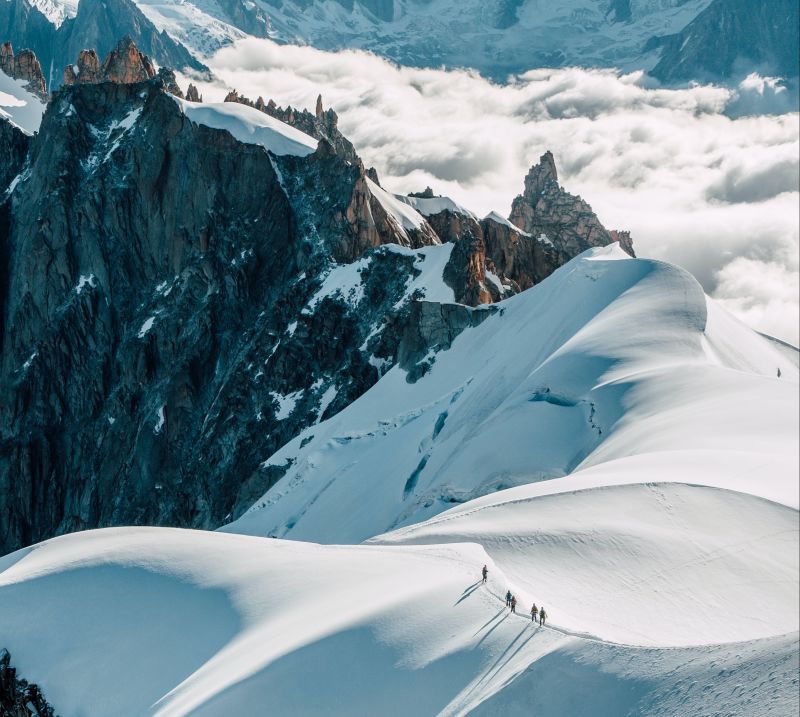 Mont Blanc aerial view of trekkers on ridge
