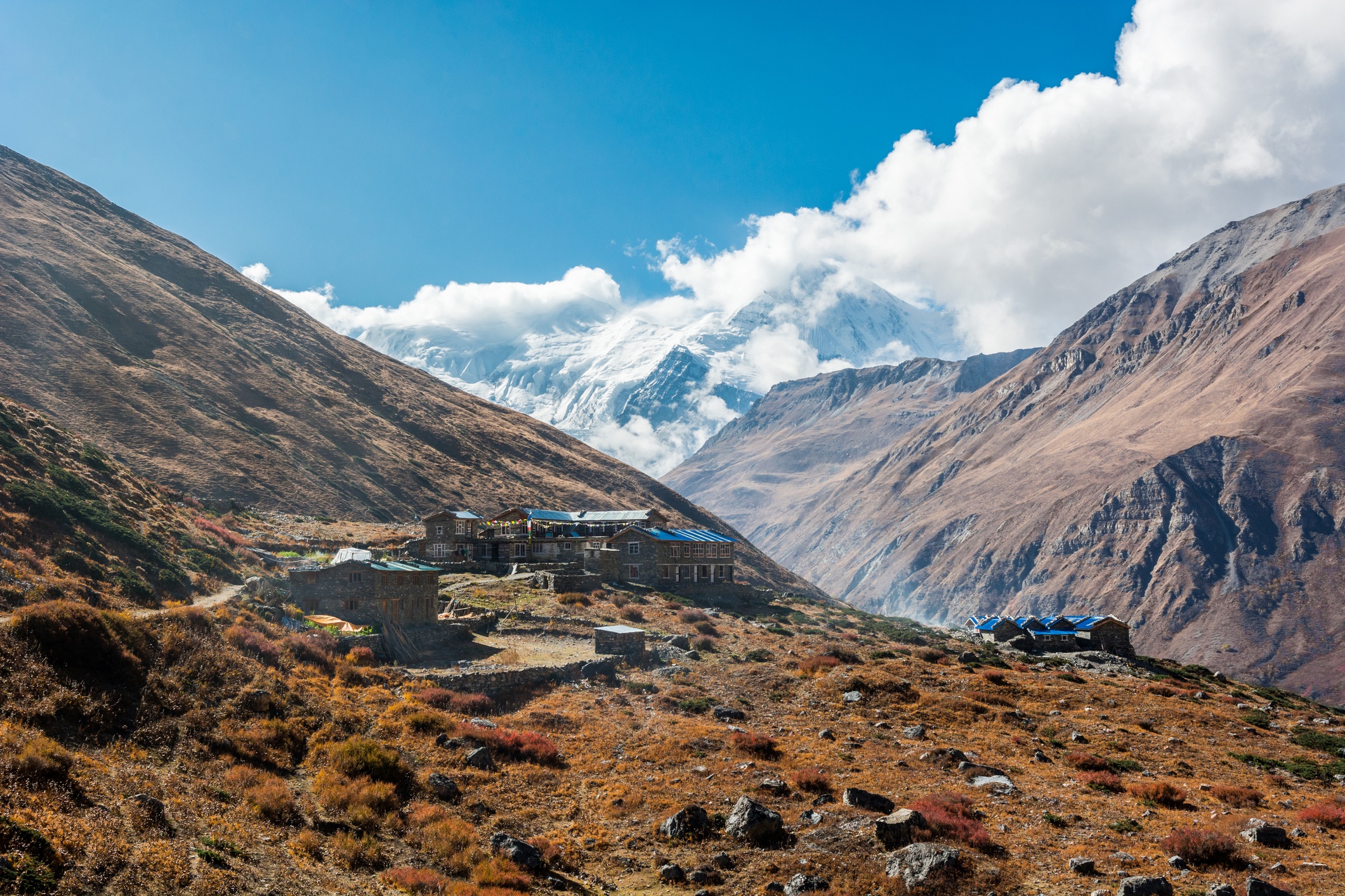 Traditional teahouse resort in the mountains. Yak Kharka, Annapurna Circuit, Nepal