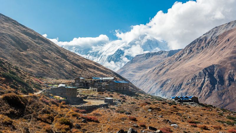Traditional teahouse resort in the mountains. Yak Kharka, Annapurna Circuit, Nepal