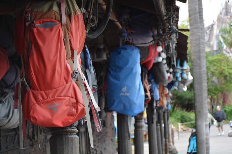 Backpacks hanging up outside a teahouse on the EBC trek