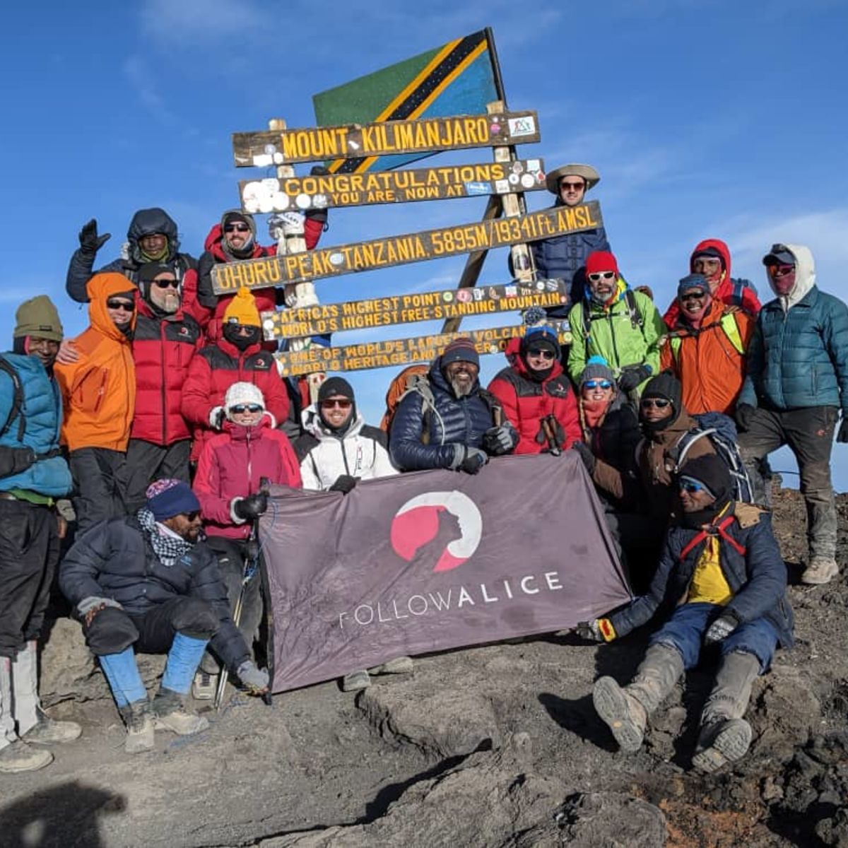 Group pic Kilimanjaro summit Uhuru Peak Follow Alice flag