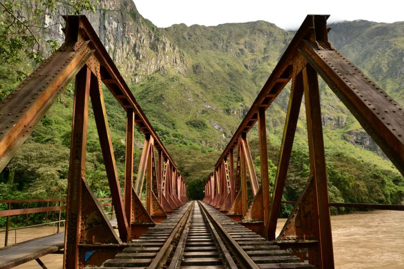 La Hidroelétrica railway across river on Salkantay Trek, Peru