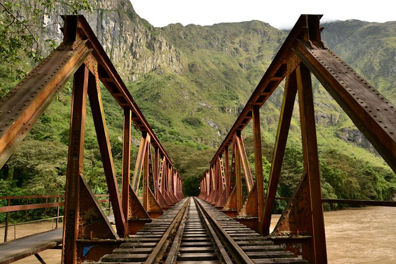 La Hidroelétrica railway across river on Salkantay Trek, Peru