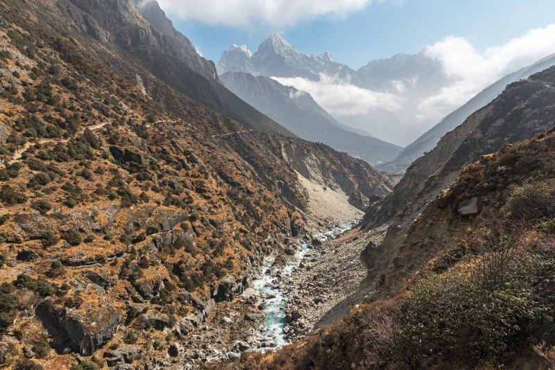 Thamserku and the surrounding peaks overlooking the Bhote Koshi river as it flows down from Thame