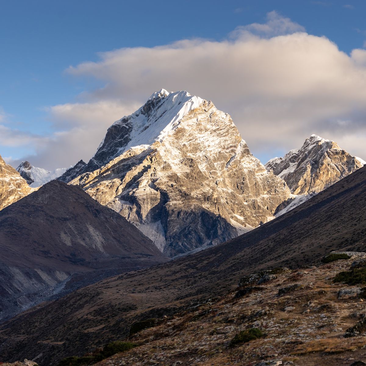 Lobuche East Peak in a morning sunrise at Dingboche village, Everest region, Nepal, Asia