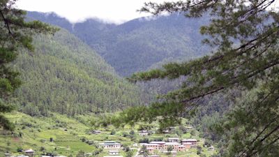 A Bhutanese farming village seen from a distance through the trees