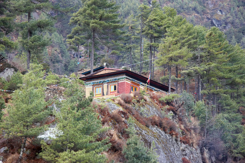 A guesthouse on a ledge near village of Monjo on EBC trek route in Nepal