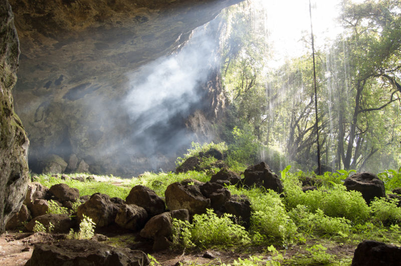 Sun rays enter Tutum Cave in Mt Elgon National Park in Uganda