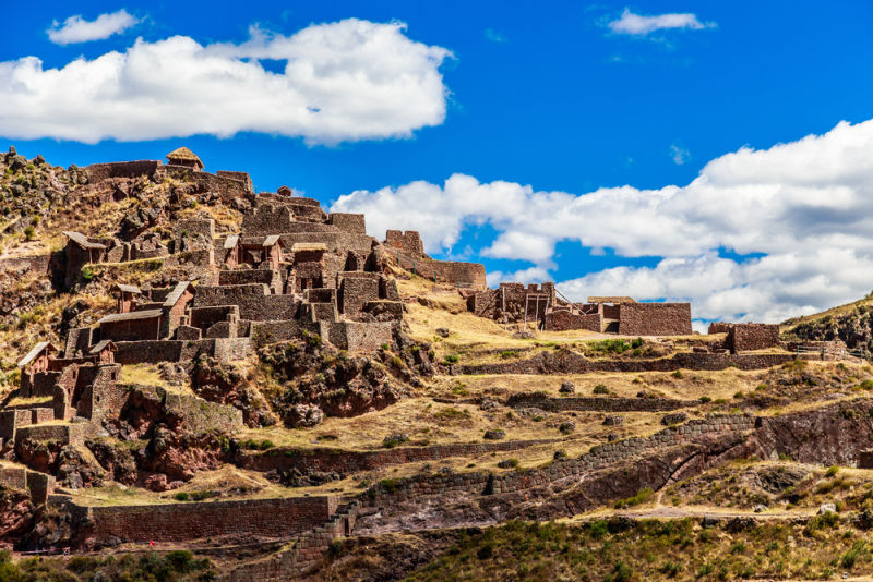 Ruins of ancient citadel of Incas on the mountain, Pisac, Peru 