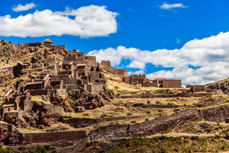 Ruins of ancient citadel of Incas on the mountain, Pisac, Peru 