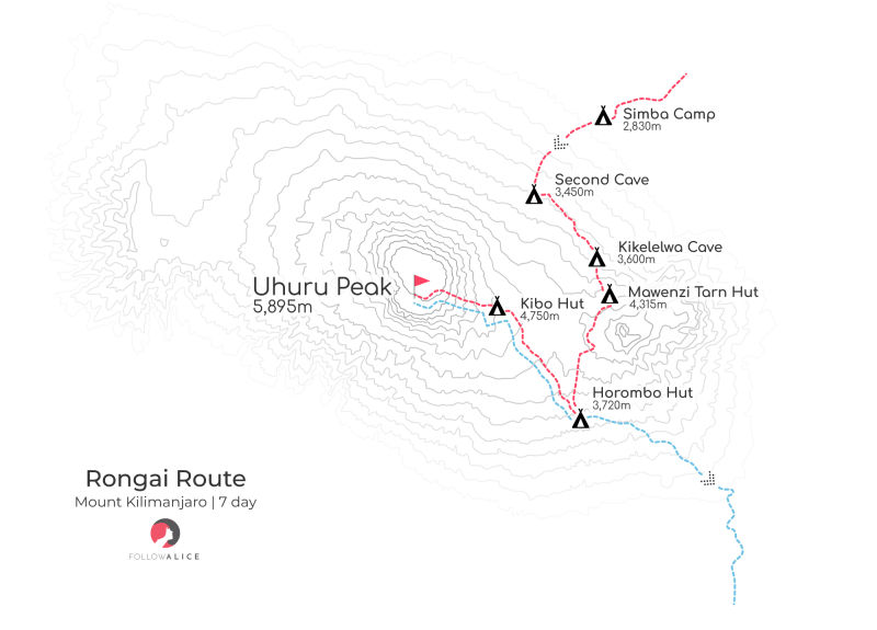 Map of 7-day Rongai route on Kilimanjaro