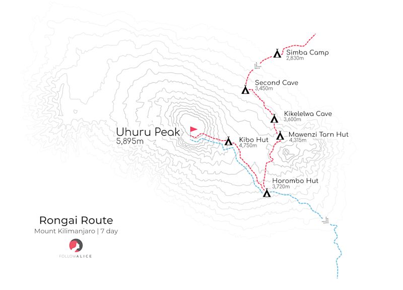 Map of 7-day Rongai route on Kilimanjaro