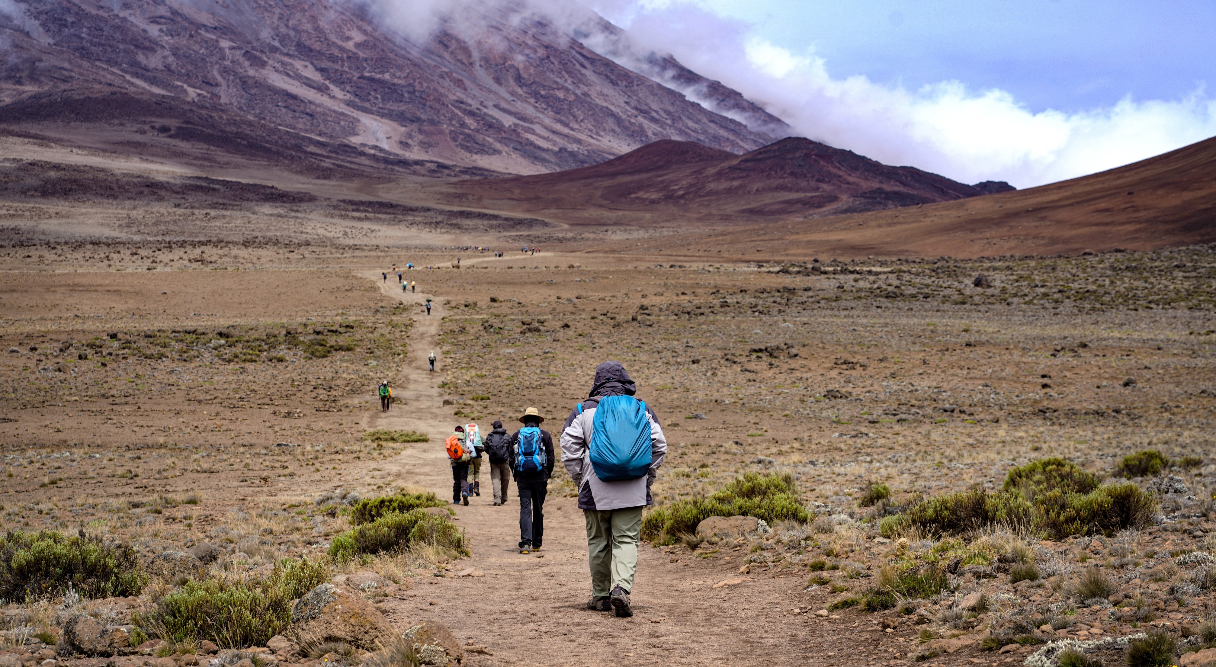Trekkers on Marangu route on Kilimanjaro crossing the Saddle