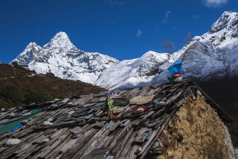 view of Ama Dablam over house rooftop from Pangboche circa October 2013, EBC trek