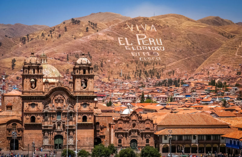 View of the centre of Cusco city with the Cathedral, Peru 