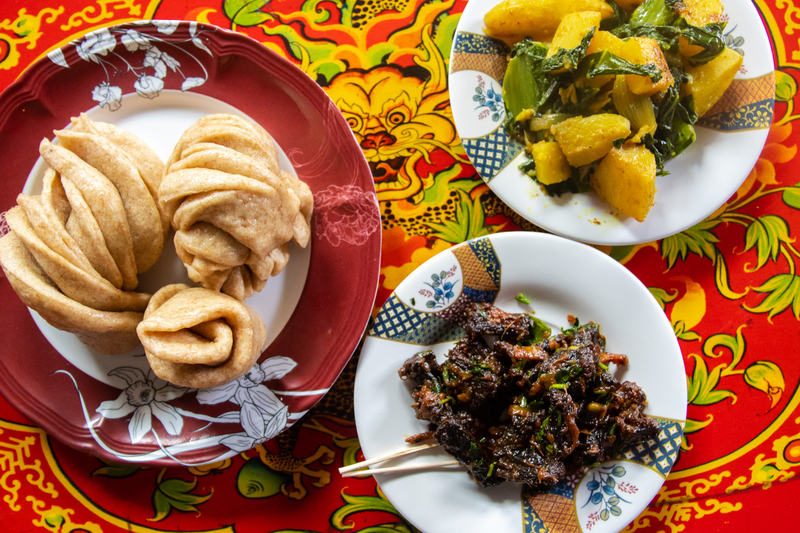 Tibetan Tim Momo with Potato Curry and Yak Jerky Sukuti, food from Upper Mustang, Nepal
