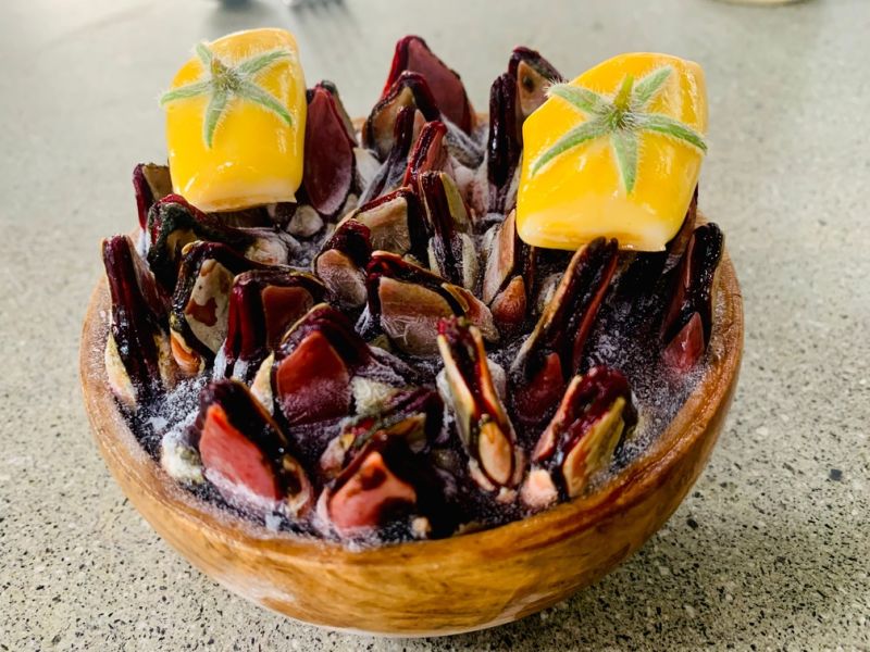 Fancy dish of razor clams in Lima restaurant, Peru