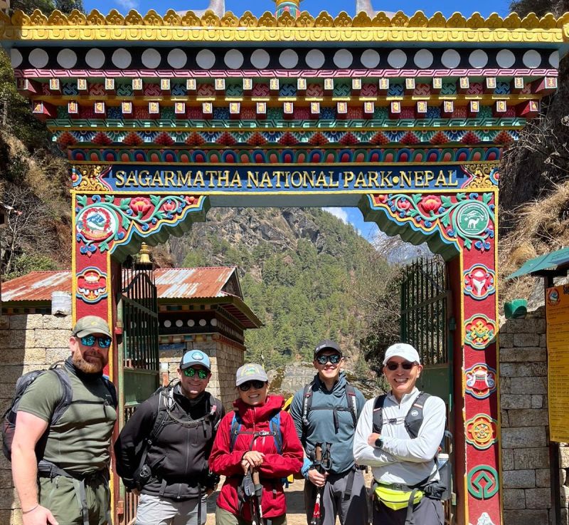 Group pic of trekkers by Sagarmatha NP Gate, EBC trek, Nepal