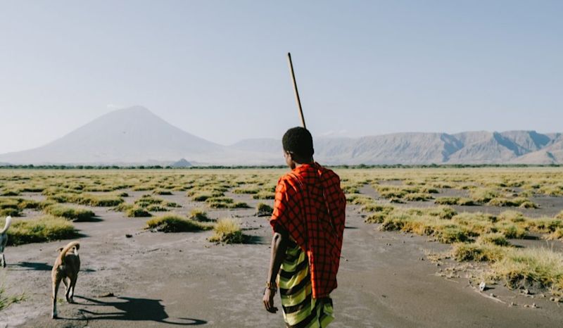 A Maasai man with his two dogs in the vicinity of Mt Ol Doinyo Lengai