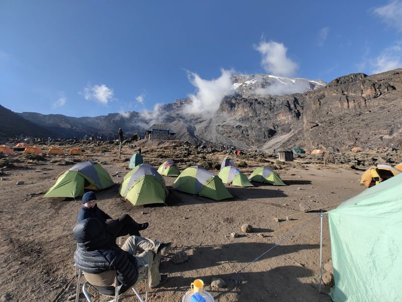 Climbers sitting in Barranco Camp on Kilimanjaro
