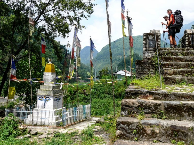 Looking to Stupa in Ngadi village, Nepal - Annapurna trekking