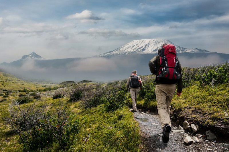 Kilimanjaro in distance with trekkers in foreground, Best time to visit Tanzania