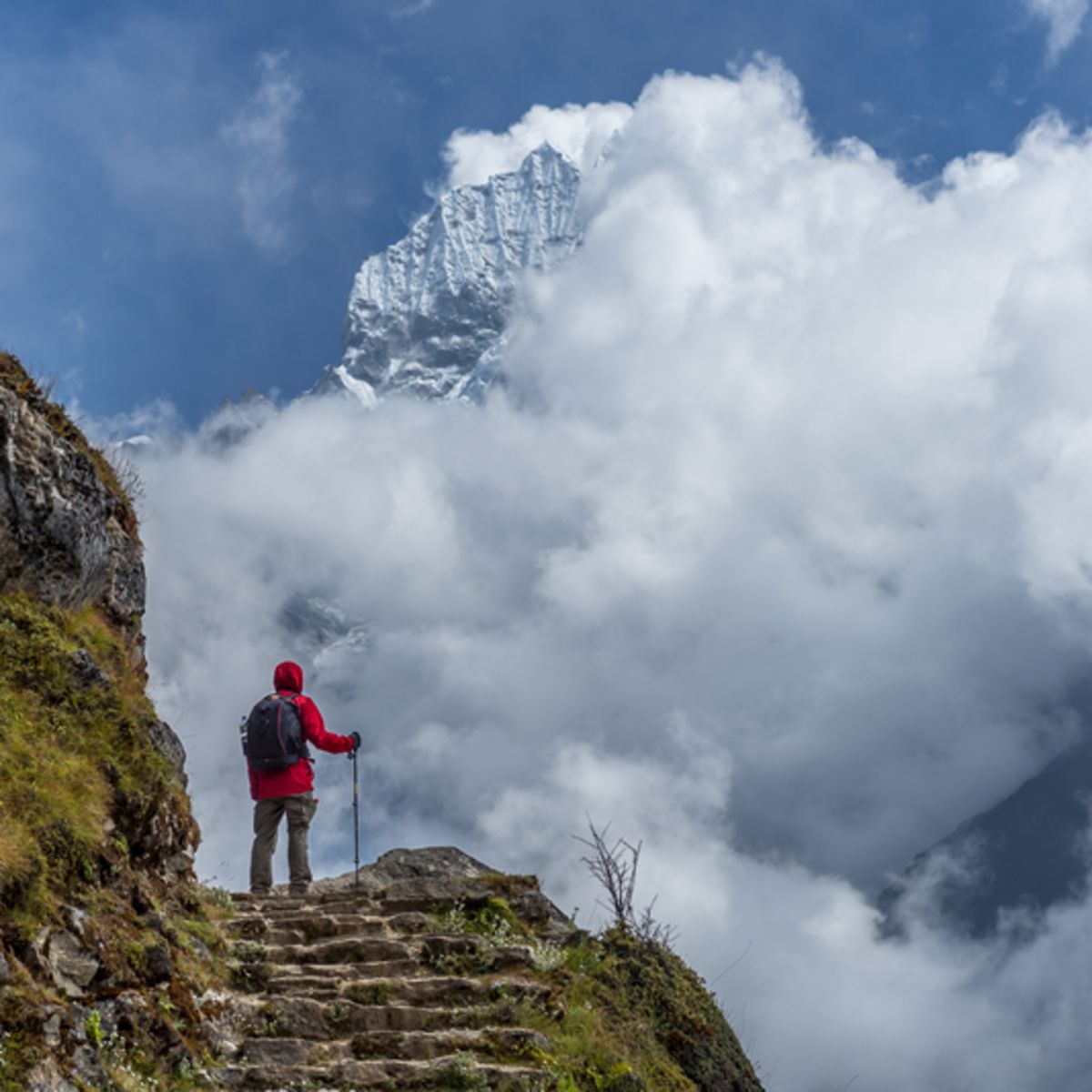 trekker walking to the hotel everest view in everest trek region in Nepal