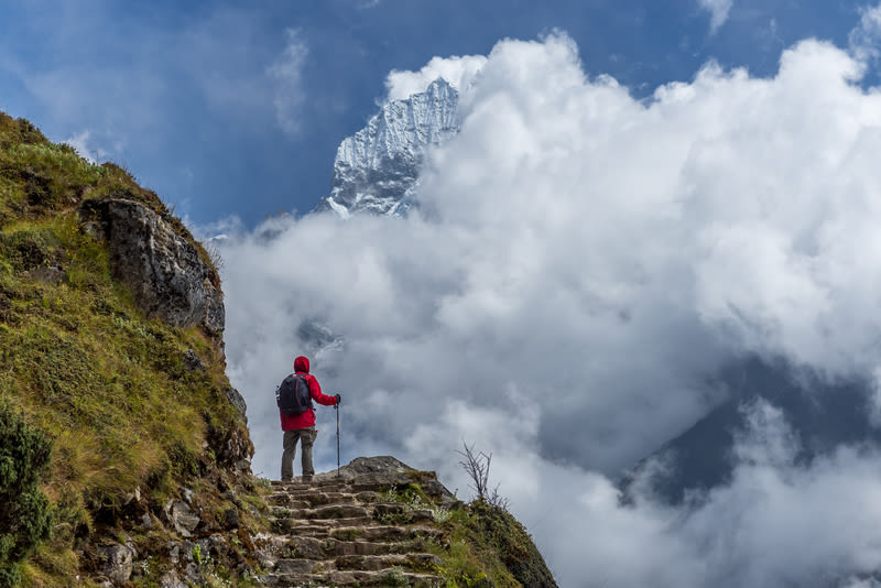 trekker walking to the hotel everest view in everest trek region in Nepal