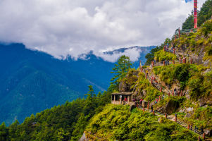 Pur. Hiking path to the famous Paro Taktsang or Tiger's Nest monastery, Bhutan.