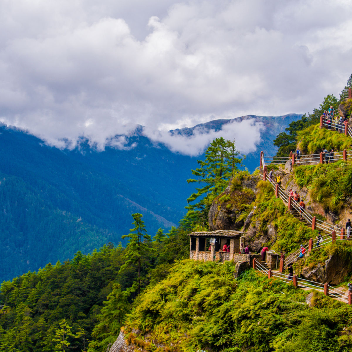 Pur. Hiking path to the famous Paro Taktsang or Tiger's Nest monastery, Bhutan.