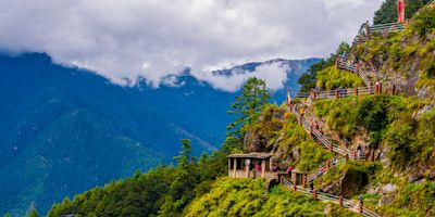 Pur. Hiking path to the famous Paro Taktsang or Tiger's Nest monastery, Bhutan.