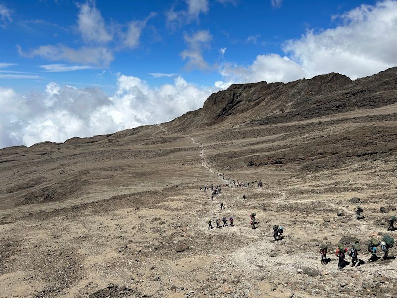 Trekkers en route to Barafu camp on Kilimanjaro