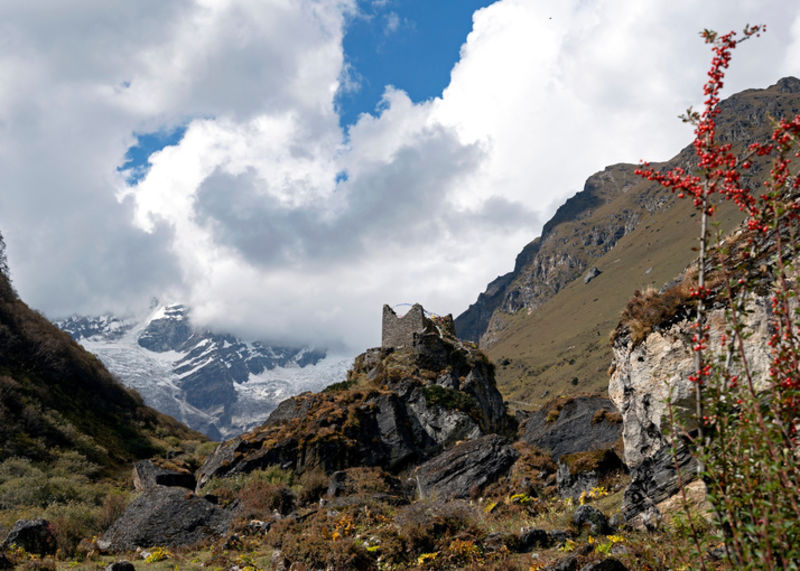 Ruin of an old fort above Jomolhari Base Camp in springtime