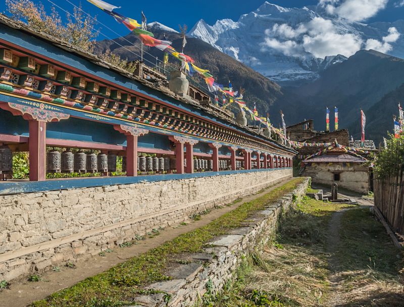 View of Upper Pisang village on the Annapurna Circuit in Nepal
