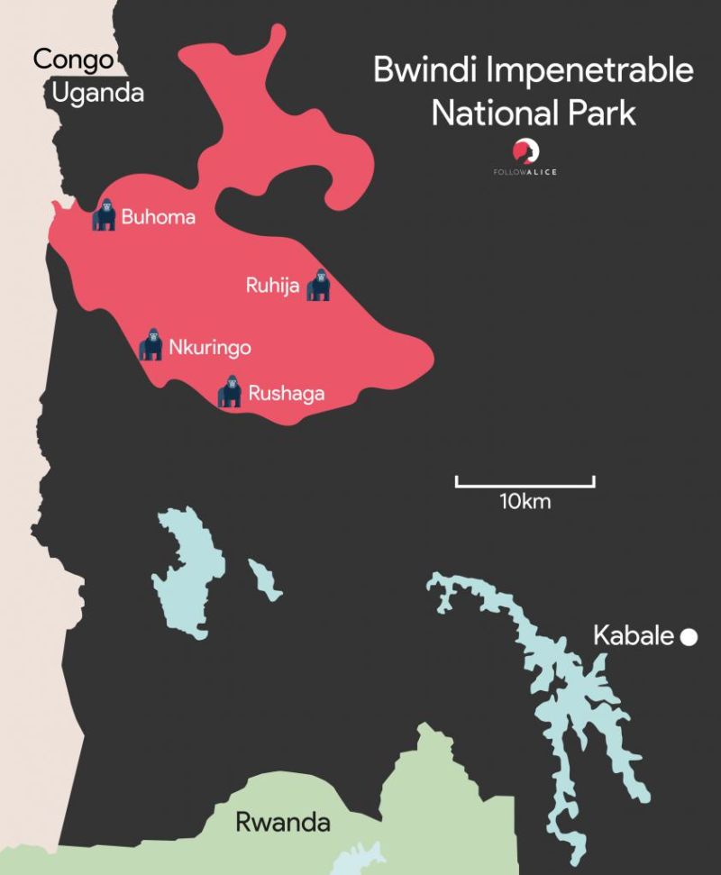 Map showing the different entrance gates of Bwindi Impenetrable National Park, Uganda