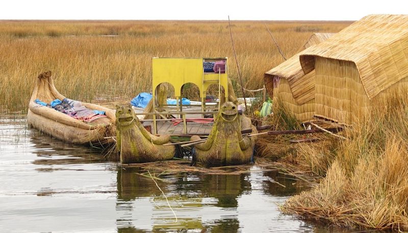 Reed boats and island on Lake Titicaca. Peru