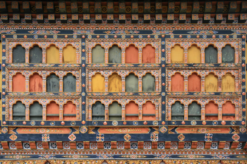 Colourful windows of Rinpung Dzong in Paro