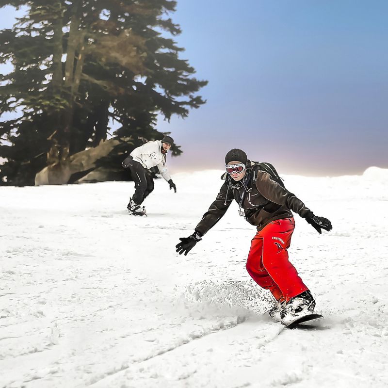 Couple snowboarding skiing winter mountains snow