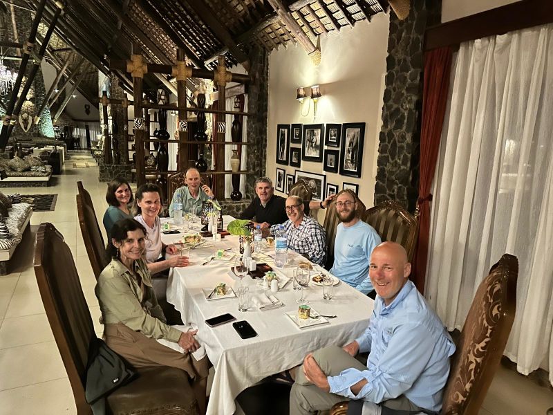 Group pic in dining room at Lake Manyara Kilimamoja Lodge, Tanzania safari