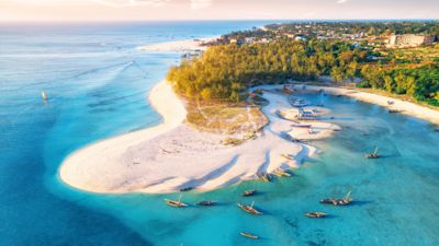 Aerial view of the fishing boats and coastline of Zanzibar, Tanzania