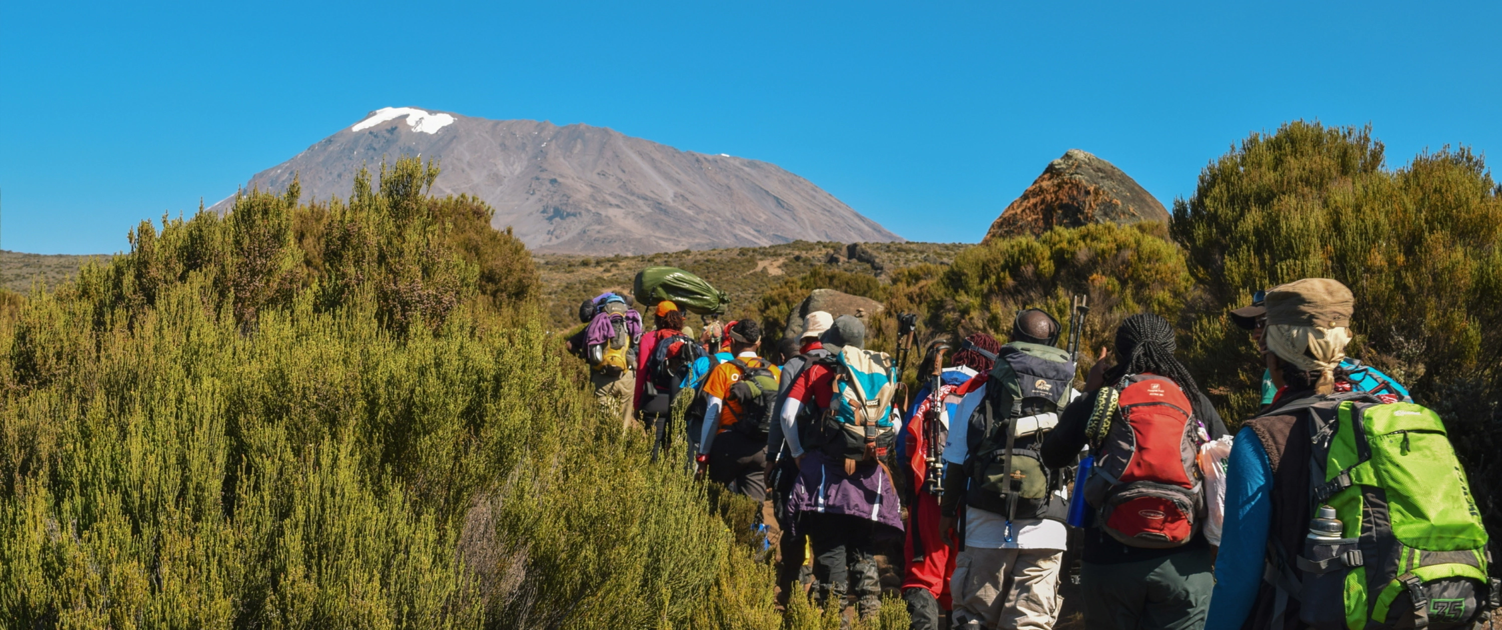 Hikers against mountain background of Mount Kilimanjaro