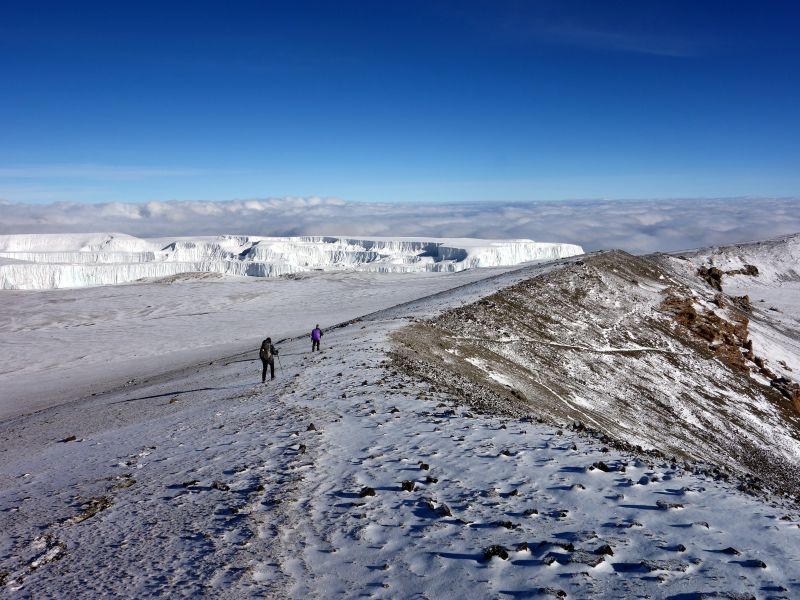 trekkers walking the Inner Crater with Northern Ice Field behind