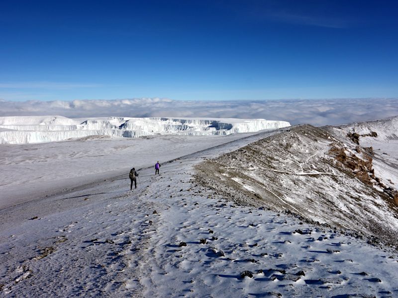 trekkers walking the Inner Crater with Northern Ice Field behind