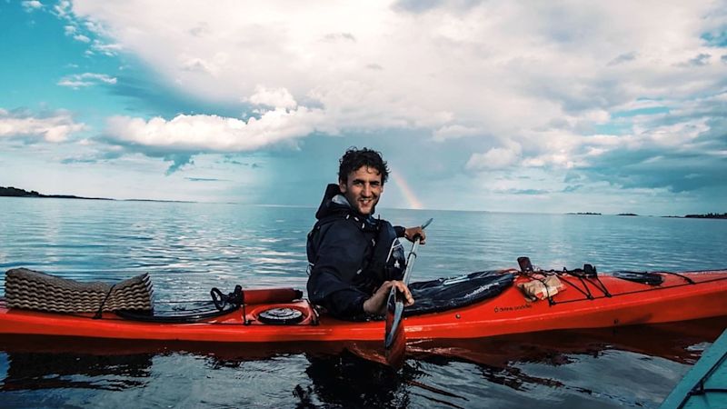Sweden Happy Man in Kayak